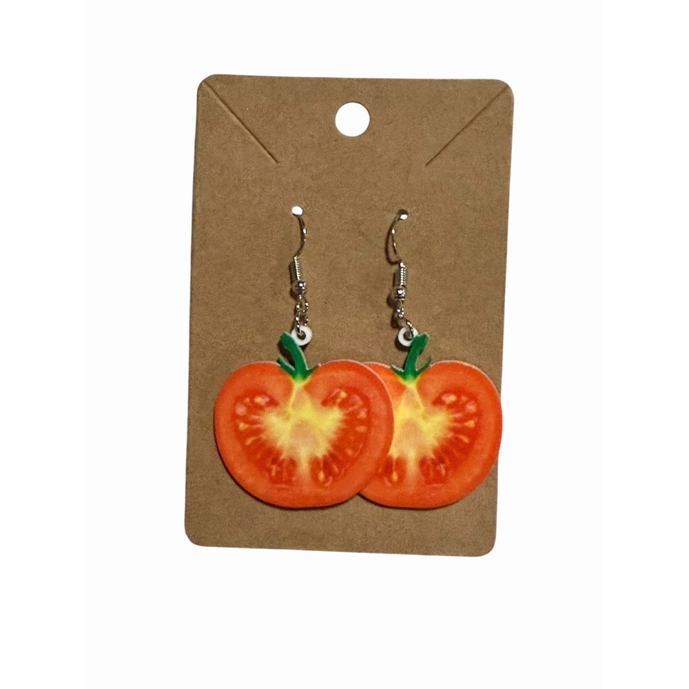 Handmade Tomato Slice Acrylic Drop Earrings Red Fruit Foodie Kitsch Jewelry